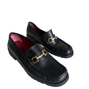 Salvatore Ferragamo Black Leather Loafers with Gold Accents